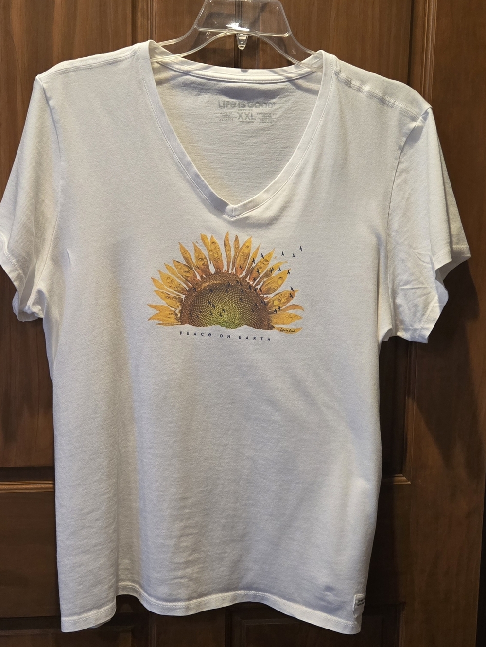 Life Is Good White V-Neck Tee with Sunflower Half-Print
